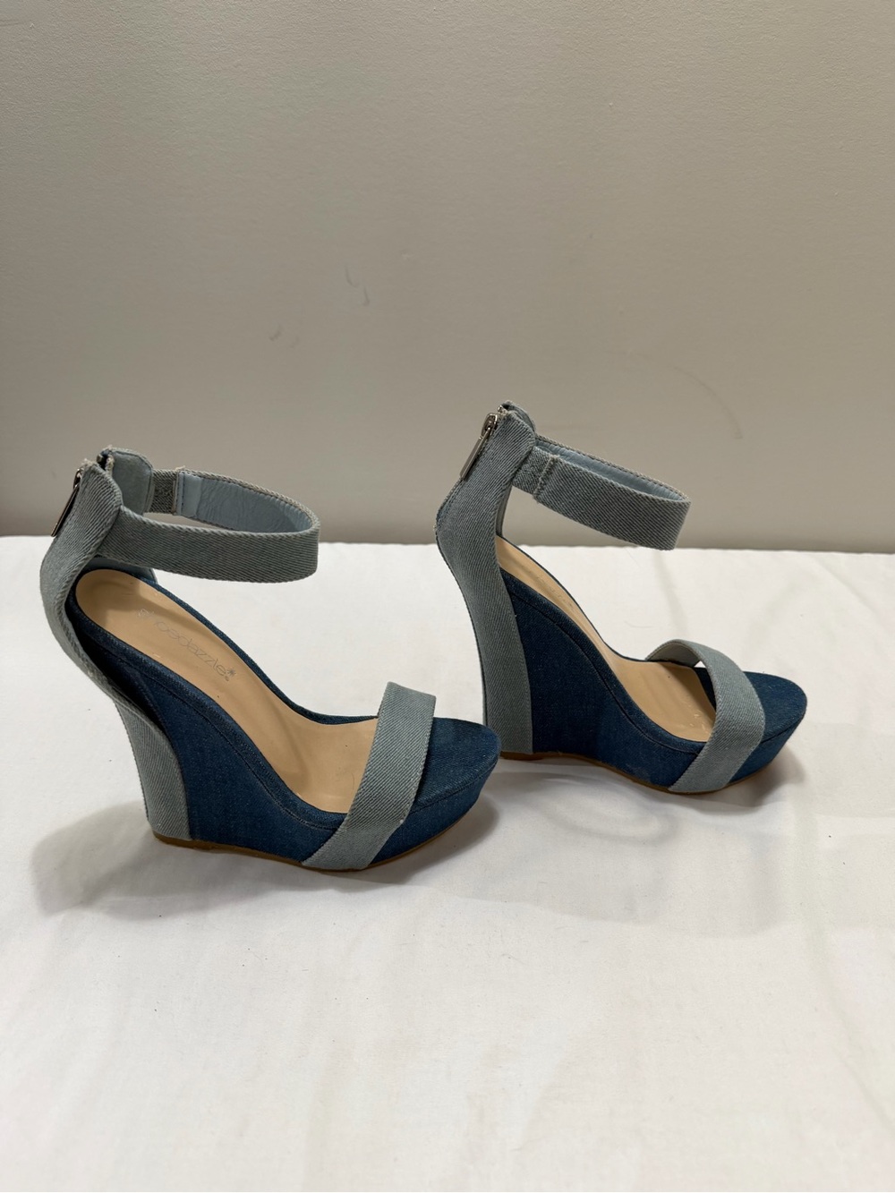 Shoe Dazzle Two-Tone Denim Ankle-Strap Wedges